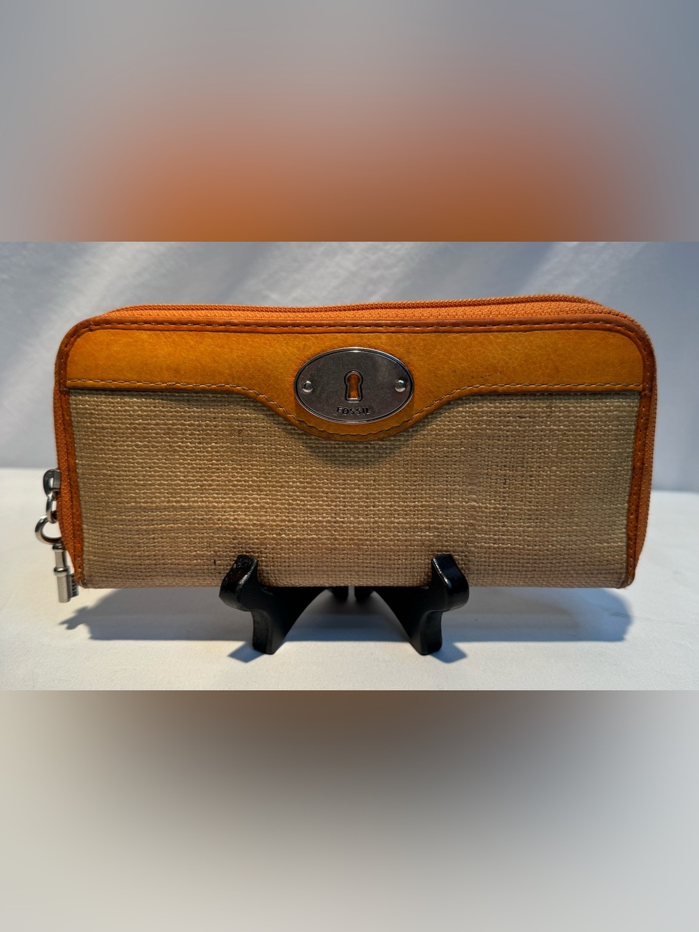 Fossil Tan Canvas with Orange Leather Trim Wristlet